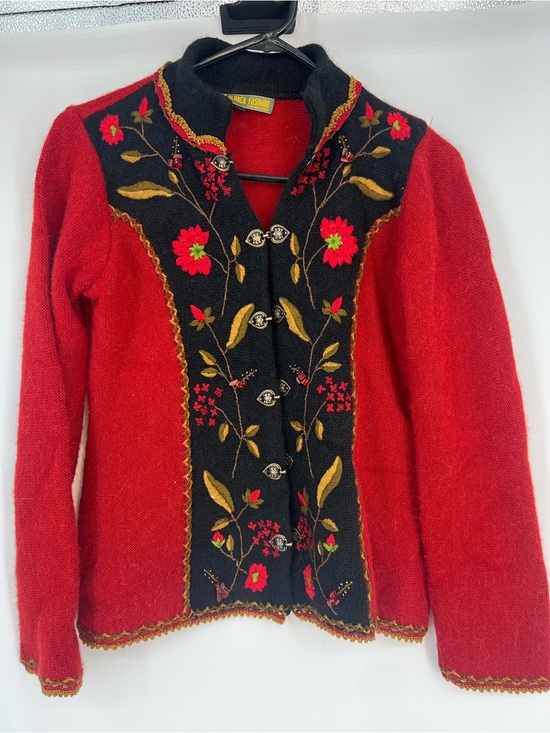 Alpaca fashion￼ Sweaters - Alpaca Red Floral Embroidered Cardigan Sweater with Black Trim